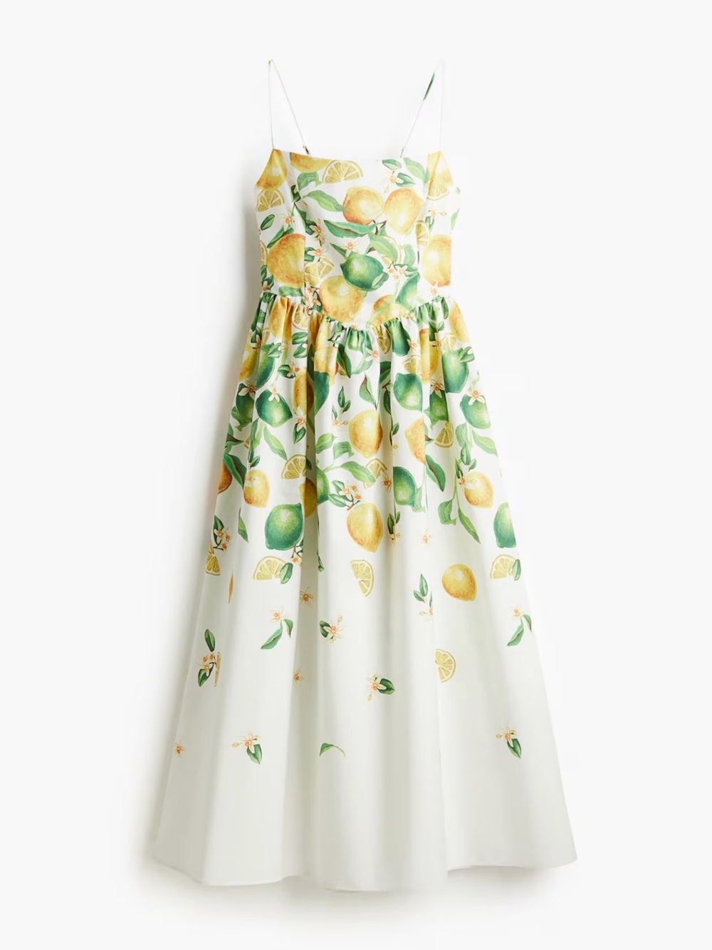 H&M White Lemon-Print Spaghetti Strap Maxi Dress with Yellow and Green Accents